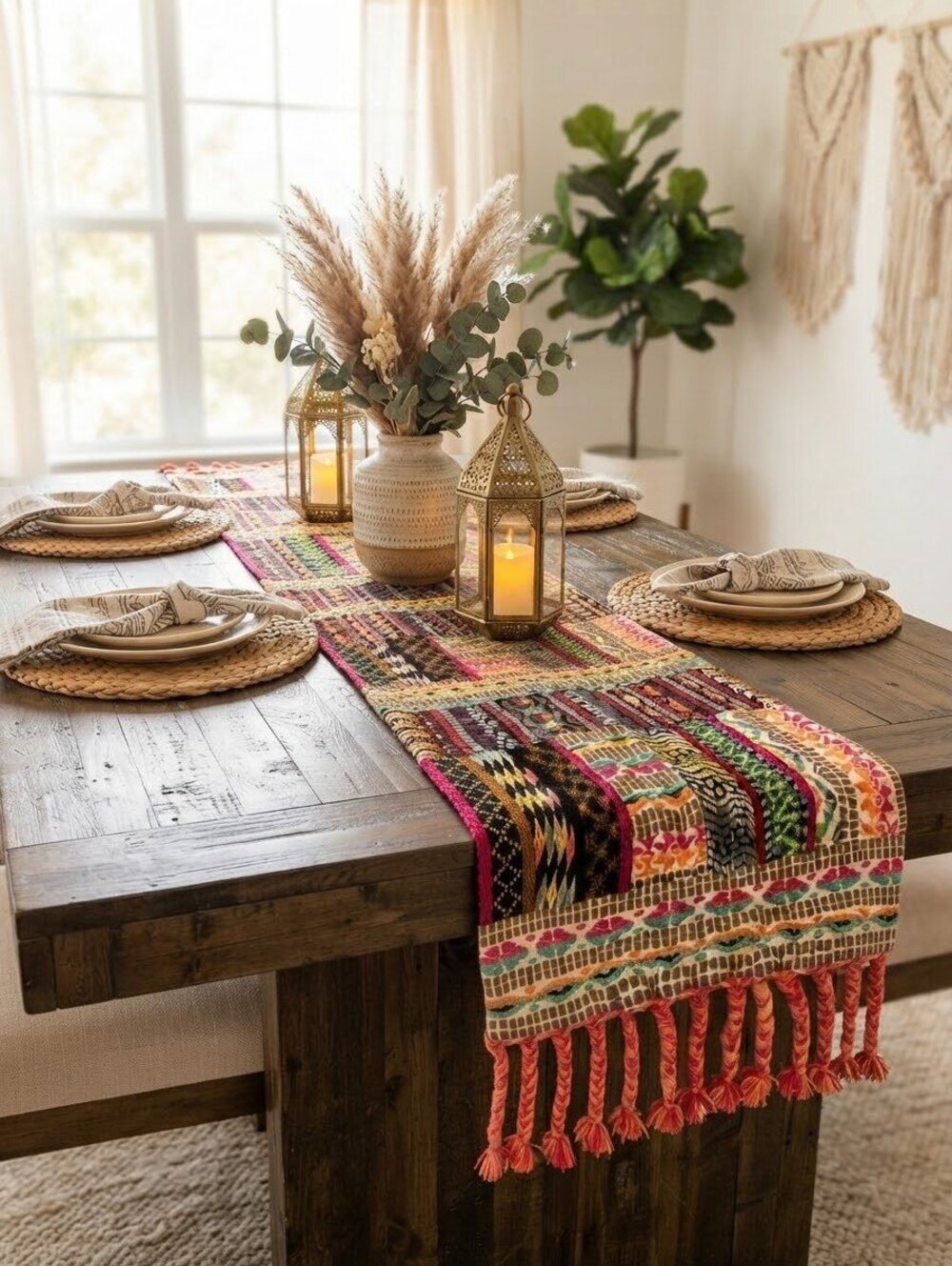 Bohemian Colorful Table Runner with Tassels 14x72 in